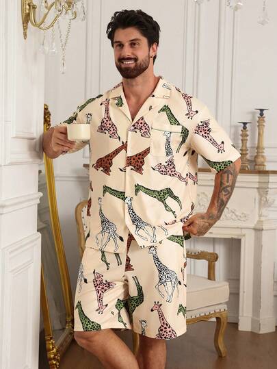 DAZY Men's Floral Print Short Sleeve Top And Shorts Pajama Set, Summer