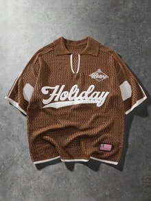 ROMWE MEN Prep Men's Street Style Collegiate Embroidered Knit Sweater - Mocha Brown - View 1