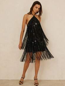 Aveloria Rosie 新款时尚亮片流苏系领迷你连衣裙，闪亮迷人，甜美又性感，适合街头、音乐节等场合。 - 黑色 - 查看 3