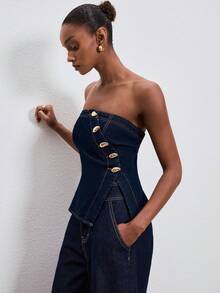 ATUI Studio 女士不对称下摆抹胸上衣 - 寶藍色 - 查看 3