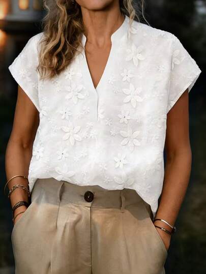 EMERY ROSE 女士V领3D立体花卉装饰休闲百搭日常短袖上衣