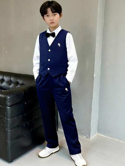 2pcs Tween Boy Formal Outfit, Korean Style Slim Fit Waistcoat + Casual Pants Set. Premium Fabric, Soft & Skin-Friendly, Structured & Wrinkle-Resistant. Suitable For Elegant Occasions Like Galas, Hosting, Piano Recitals, Parties, Runway, Christening, Business, Birthday, Wedding