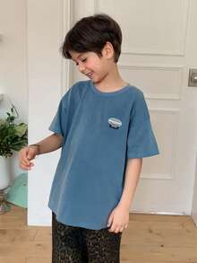 DAZY Camiseta de manga corta casual y holgada de cuello redondo y hombros caídos para niños pequeños en verano - Azul - Ver 2