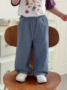 DAZY 男婴夏季亚麻竖条纹休闲宽松轻盈透气裤 - 藍色 - 查看 6