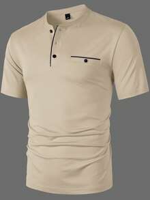 Manfinity Homme 男士纽扣休闲日常短袖T恤 - 杏色 - 查看 7