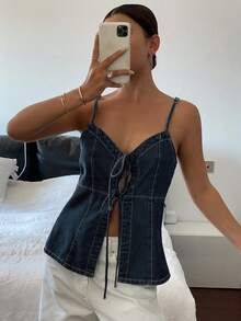Dazy Tall Women's Summer Spaghetti Strap Denim Camisole With Bow Tie, Casual Denim Top - Dark Wash - View 7