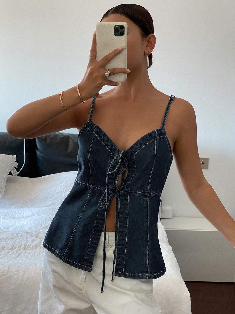 Women's Tie-Up Casual Denim Blouse Petite