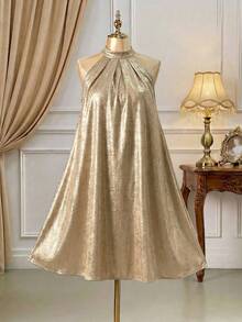 DreamSkyne Plus Size Solid Color Fold Pleat Detail Halter Neck Dress For New Year Holiday Party Clothes - Gold - View 1