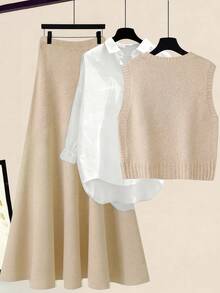 Franclia 秋冬新款宽松碎花圆领无袖针织背心搭配碎花灰色A字针织中长裙，女士两件套毛衣套装 - 杏色 - 查看 3