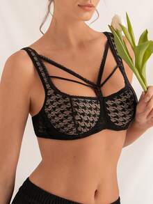 DesireSculpt 1pc Women's Houndstooth Lace Underwire Push-Up Bra - Black - View 6