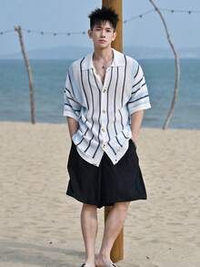 DAZY Áo khoác cardigan nam tay ngắn kẻ sọc, kiểu dáng mùa hè. - Màu xanh lam - Xem 6