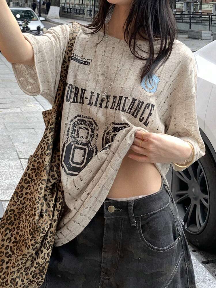 Women's Summer Round Neck Short Sleeve Textured Loose Pullover Printed Casual T-Shirt