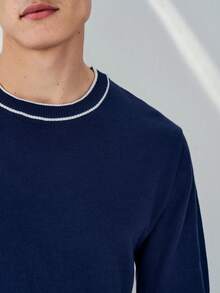 RONVEXI 男士撞色滚边圆领休闲短袖针织上衣 - 寶藍色 - 查看 2