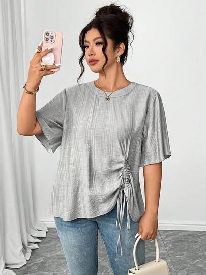 Elenzga Plus Size Linen-Like Textured Round Neck Short Sleeve Ruffle Sleeve Loose Straight Adjustable Pleated Shirt, Elegant For Outings, Dates, Gatherings, Commute, Casual, Vacation