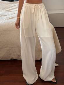 Livesso Women's Lace-Up White High Waist Pants, Summer - White - View 3