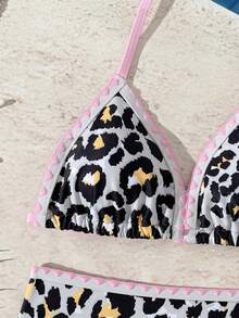 Leopard Print Floral Trim Tween Girl 2 Pieces Swimwear Set, Suitable For Vacation, Beach, Swimming Pool, Party - Multicolor - View 2