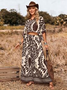 LanaWest 女士复古印花上衣和阔腿裤两件套，夏季 - 棕色 - 查看 6