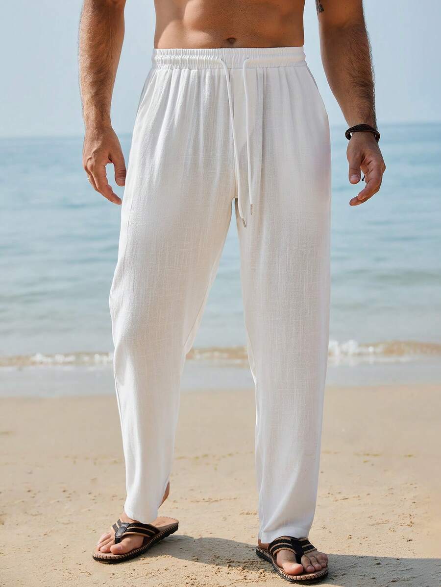 Genlund Men's Casual Drawstring Waist Solid Color Pants, Versatile For Vacation, Daily Commute Men Vacation Pants Men All White Beach Pants Boho Pants Men - Black - View 1