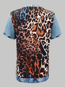 EMERY ROSE Áo thun nữ mùa hè họa tiết da báo phối nhiều mảnh, cổ tròn, tay raglan. - Nhiều màu - Xem 2