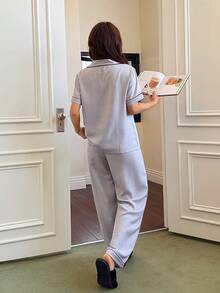 Napfluff Women's Casual Comfortable Short Sleeve Pants Solid Color Cardigan Pajama Set, Spring/Summer - Grey - View 3
