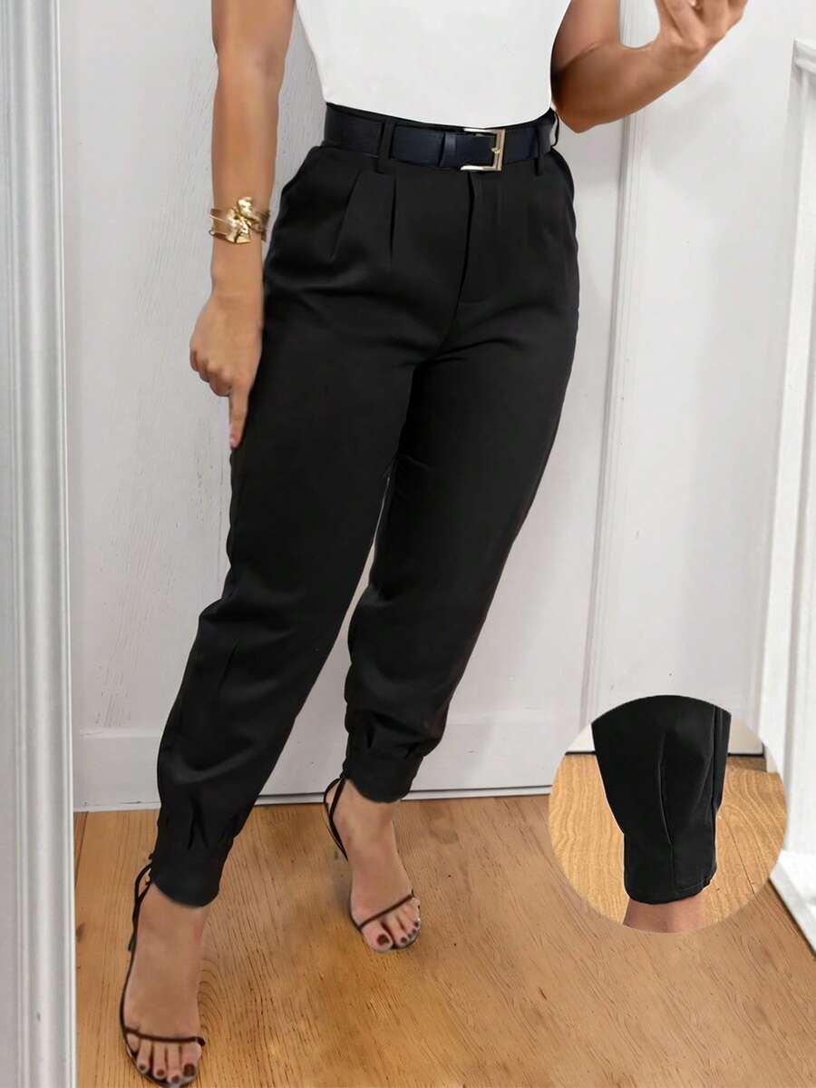 SHEIN PETITE Women's Elegant Pleated Detail Regular Suit Pants With Pockets, Black, Suitable For Spring/Summer Outings, Commuting, Dates, And Vacations - Black - View 1