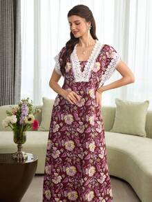 Al Najma 优雅花卉印花拼接蕾丝边饰短袖长连衣裙，春夏款 - 酒紅色 - 查看 4