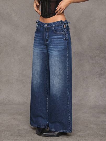 Jeanoix Jeans droits à jambes larges avec liens pour femmes Y2K