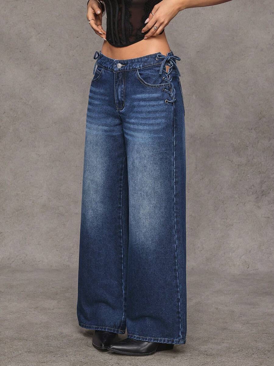 Jeanoix Y2K Women's Straight Leg Wide Leg Tie-Up Jeans - Medium Wash - View 1