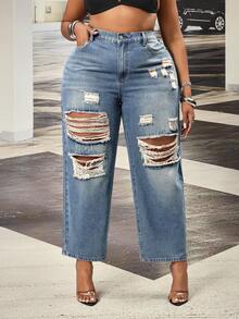 Slaydiva Pantalones rectos sin estiramiento de estilo vaquero azul desgastado para mujer de talla grande - Azul lavado medio - Ver 3