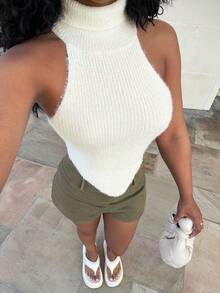 Alexandranx 休闲高领无袖不对称下摆修身针织背心 - 白色 - 查看 5