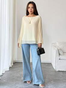 INAWLY Women's Semi-Sheer Vacation & Office Wear Asymmetrical Shoulder Blouse - Apricot - View 3