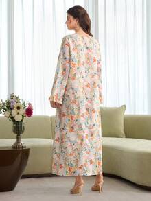 Al Najma Floral Print Dress With Ruffle Sleeve & Headscarf - Multicolor - View 4