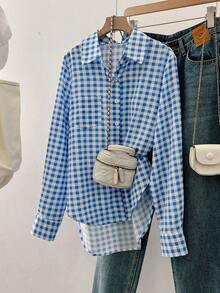 SHEIN Franclia Fashionable Minimalist Commuting & Casual Asymmetrical Hem Open Front Blue Plaid Women Shirt - Blue - View 1