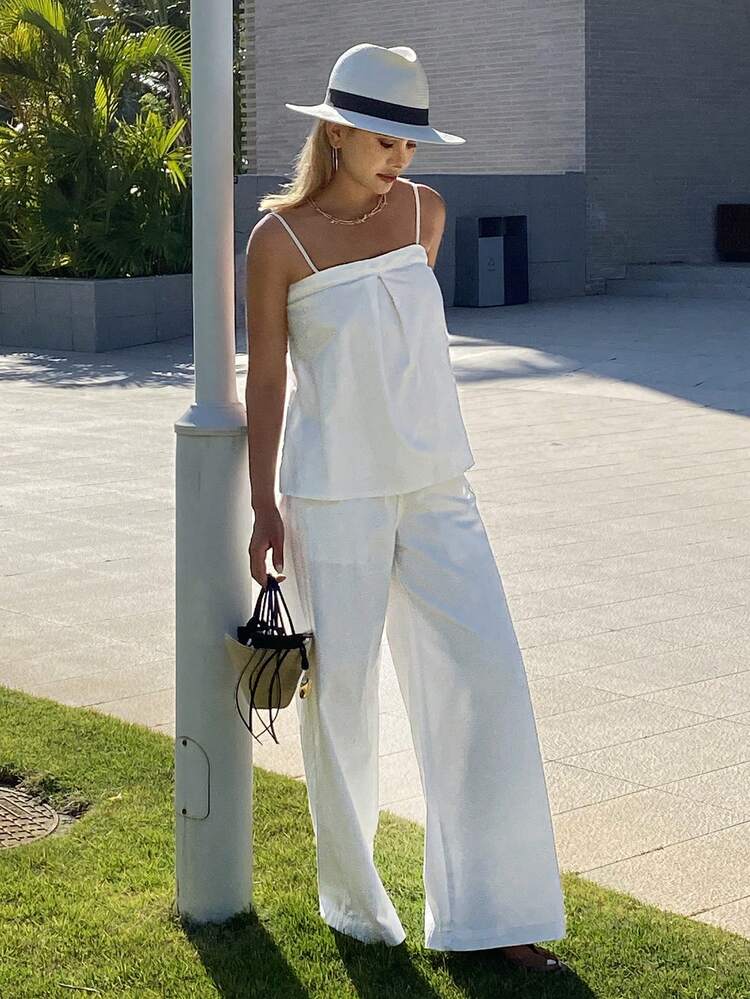Women's Pleated Camisole Top And Loose Straight Leg Pants Casual Denim Suit
