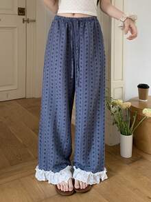 DAZY Lace Patchwork Floral Pattern Loose Straight Pajama Pants, Spring & Summer Women Sleepwear Bottom - Navy Blue - View 6