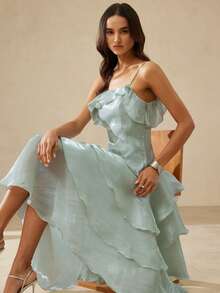 Aveloria Rosie Vestido de tirantes con volantes asimétricos de estilo romántico francés - Azul Cadete - Ver 1