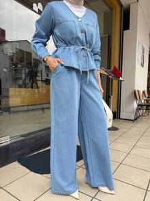 DAZY Women's Casual Belted Shirt With Pockets And Wide Leg Jeans Set, Spring - Medium Wash - View 7