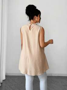 Elenzga Áo nữ cỡ lớn kiểu dáng thường ngày, chất liệu dệt kim cổ điển, không tay, cổ tròn, cài cúc gỗ, thích hợp cho kỳ nghỉ, ngắn phía trước và dài phía sau, mùa xuân/hè. - Màu be - Xem 2