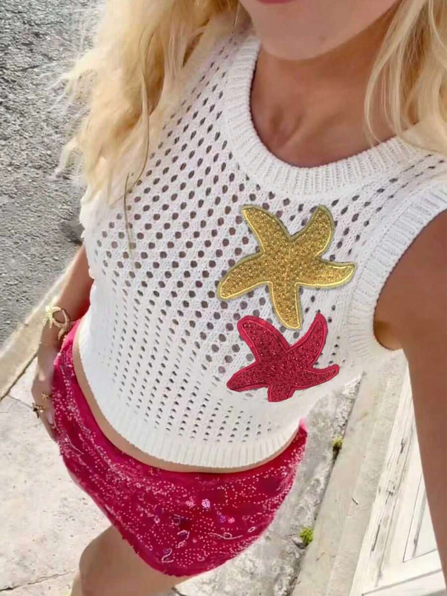 Sundraya Women's Starfish Pattern Round Neck Hollow Casual Versatile Daily Wear Knit Top - White - View 1