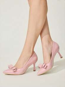 CUCCOO CHICEST 四季新款蝴蝶结尖头细跟中跟优雅通勤风简约舒适绿色漆皮女士高跟鞋，适合圣帕特里克节、圣诞节、约会、下午茶、职场时尚等场合。 - 淺粉色 - 查看 8