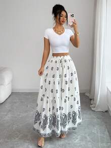 Rafferiza Peplum Hem Paisley Print Layered Ruffle Skirt, Waist Cinched Slimming A-Line Skirt - White - View 4
