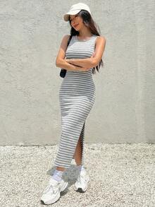SHEIN EZwear Đầm nữ kẻ sọc hở lưng xẻ tà, đầm hở lưng, đầm xẻ tà, đầm hè gợi cảm, đầm hè hở lưng, đầm dài bó sát, đầm hở lưng, đầm maxi không tay, đầm kẻ sọc hở lưng, đầm xẻ tà, đầm dài hè, đầm midi kẻ sọc, đầm ôm sát hè, đầm midi không tay, trang phục hè, đầm hè nữ, quần áo nữ, đầm - Xám - Xem 6