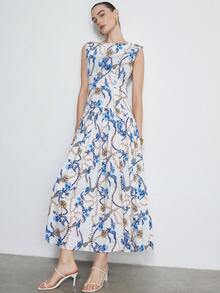 Aveloria Modichic Vestido sin mangas con estampado de cadena azul y dorado de elementos oceánicos, elegante francés versátil para ir al trabajo, diseño minimalista de empalme con bajo plisado - Multicolor - Ver 4