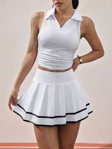 Gameset SHEIN Sport 女士撞色腰带荷叶边下摆运动裙，带短裤内衬和口袋，春夏款 - 彩色 - 查看 3