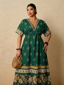 Travachic Abito da vacanza con scollo a V, maniche corte e stampa all-over, taglie comode - Verde - Visualizzare 4
