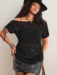 Freevana 大码波西米亚风黑色不对称肩短袖休闲宽松针织上衣，百搭夏季单品 - 黑色 - 查看 5