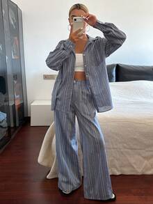 DAZY Women's Striped Loose Shirt And Pants Two Pieces Set, Casual Vacation Style - Blue - View 3