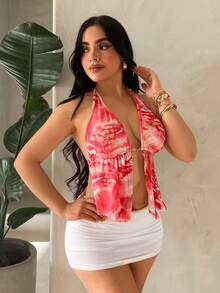 SHEIN SXY Summer Front Slit, Backless, Knotted Halterneck Black Top,Carnival,Party,Rave Outfit ,Summer, Spring,Valentine's Day,Beach,Going Out,Vacation,Y2K - Multicolor - View 6