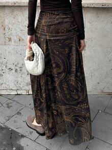 Livesso 宽松休闲度假风时尚棕色波西米亚海滩几何花卉复古印花褶裥网纱拼接A字裙，春夏款 - 棕色 - 查看 7