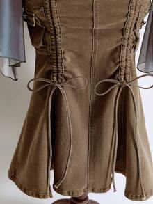 ROMWE Fairycore Chân váy denim màu nâu dáng đuôi cá, cạp siêu trễ, kiểu nàng tiên Mori cổ điển dành cho nữ, có túi hộp. - màu nâu - Xem 5